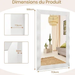 Miroir Mural 106 x 71,5 cm, Cadre en Bois d'Hévéa, Miroir de Courtoisie à Suspension, pour Salle de Bain, Salon, Entrée, Blanc