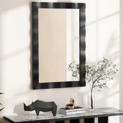 Miroir Mural 106 x 71,5 cm,Cadre en Bois d'Hévéa, Miroir de Courtoisie à Suspension, pour Salle de Bain, Salon, Entrée, Noir