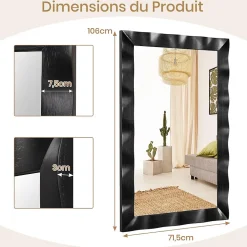 Miroir Mural 106 x 71,5 cm,Cadre en Bois d'Hévéa, Miroir de Courtoisie à Suspension, pour Salle de Bain, Salon, Entrée, Noir