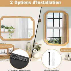 Miroir Mural 90 x 60 CM,Coins Arrondis Style Rustique Haute Définition pour Salle de Bain,Salon,Entrée,Chambre,Suspension,Naturel