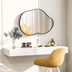 Miroir Mural Décoratif, avec Réflexion HD Claire, Cadre en Bois 2 Méthodes de Suspension pour Entrée,Salon(Or,78 x 56,5cm) (Noir)