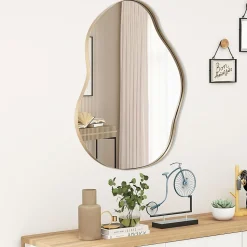 Miroir Mural Décoratif, Miroir en Forme Irrégulière avec Réflexion HD Claire, Cadre en Bois, Or,78 x 56,5cm