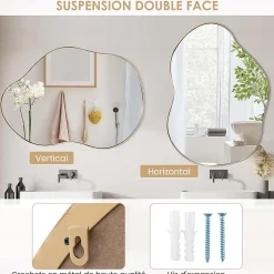 Miroir Mural Décoratif, Miroir en Forme Irrégulière avec Réflexion HD Claire, Cadre en Bois, Or,78 x 56,5cm