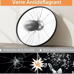 Miroir Mural de Salle de Bain Cadre en Métal Verre Argenté Film Antidéflagrant Miroir Rond de 61CM pour la Décoration