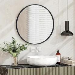 Miroir Mural de Salle de Bain Cadre en Métal Verre Argenté Film Antidéflagrant Miroir Rond de 61CM pour la Décoration