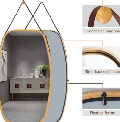 Miroir Mural en Aluminium avec Cadre en Bambou,Grand Miroir avec Film Antideflagrant, Arrondie avec Cadre en Bambou,