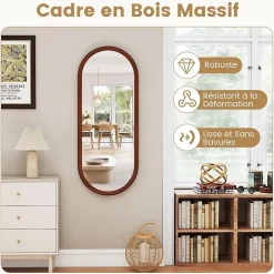 Miroir Mural Peu Encombrant,avec Cadre en Bois Massif,Miroir HD,4 Crochets de Fixation,pour Salon,Chambre, Balcon, Entrée, Noyer