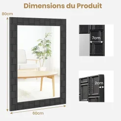 Miroir Mural Rectangulaire 80 x 60 Cm (L x l) avec Cadre en Bois d'Hévéa Naturel,Crochets Métalliques, pour Salle de Bain,Chambre