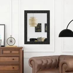 Miroir Mural Rectangulaire 80 x 60 Cm (L x l) avec Cadre en Bois d'Hévéa Naturel,Crochets Métalliques, pour Salle de Bain,Chambre