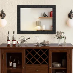 Miroir Mural Rectangulaire 80 x 60 Cm (L x l) avec Cadre en Bois d'Hévéa Naturel,Crochets Métalliques, pour Salle de Bain,Chambre