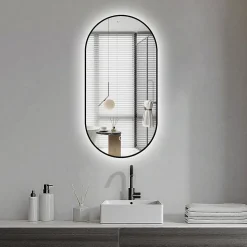 Miroir rectangle arrondi 50x100 cm lumière d'ambiance LED 2700 à 6000 K anti-buée cadre aluminium noir SANILAND