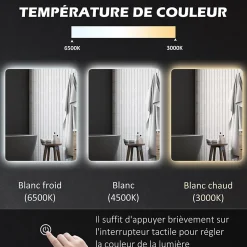 Miroir rectangulaire mural LED salle de bain - 70x50cm - 3 couleurs luminosité réglable tactile système antibuée blanc transparent