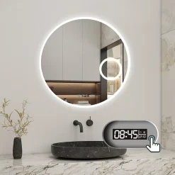 Miroir rond de salle de bain 80cm LED tricolore horloge + loupe + anti-buée + mémoire, AICA SANITAIRE