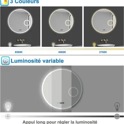 Miroir rond de salle de bain 70cm LED tricolore horloge + loupe + anti-buée + mémoire, AICA SANITAIRE