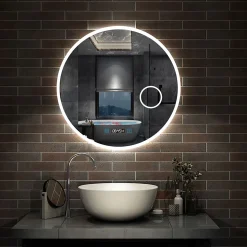 Miroir rond de salle de bain 60cm LED tricolore horloge + loupe + anti-buée + mémoire, AICA SANITAIRE