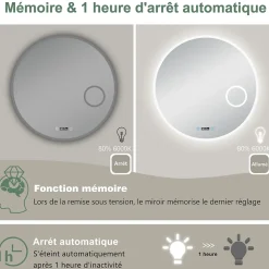 Miroir rond de salle de bain 60cm LED tricolore horloge + loupe + anti-buée + mémoire, AICA SANITAIRE