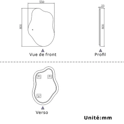 Miroir salle de bain asymétrique 80 x 55 cm LED Éclairage réglable en 3 couleurs + anti-buée + fonction mémoire AICA SANITAIRE