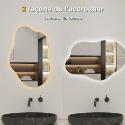 Miroir salle de bain asymétrique 100 x 66 cm LED Éclairage réglable en 3 couleurs + anti-buée + fonction mémoire AICA SANITAIRE