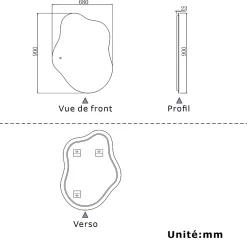 Miroir salle de bain asymétrique 90 x 68 cm LED Éclairage réglable en 3 couleurs + anti-buée + fonction mémoire AICA SANITAIRE