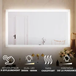 Miroir Salle de Bain avec Eclairage 120x70, Miroir LED avec Tactile et Fonction Anti-buée, Systeme Couleur DUAL LED