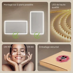 Miroir Salle de Bain avec Eclairage 120x70, Miroir LED avec Tactile et Fonction Anti-buée, Systeme Couleur DUAL LED