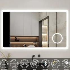 Miroir salle de bain bluetooth + loupe + horloge + tricolore + anti-buée 100x60cm dimmable,mémoire,tactile,led, AICA SANITAIRE