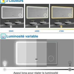 Miroir salle de bain bluetooth + loupe + horloge + tricolore + anti-buée 100x60cm dimmable,mémoire,tactile,led, AICA SANITAIRE