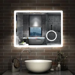 Miroir salle de bain bluetooth + loupe + horloge + tricolore + anti-buée 80x60cm dimmable,mémoire,tactile,led, AICA SANITAIRE