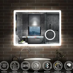 Miroir salle de bain bluetooth + loupe + horloge + tricolore + anti-buée 80x60cm dimmable,mémoire,tactile,led, AICA SANITAIRE