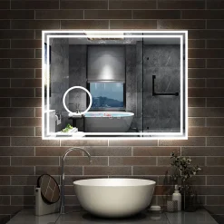 Miroir salle de bain Bluetooth 80x60cm tricolore avec loupe 3x, dimmable, mémoire et anti-buée, IP44 Miroir LED, AICA SANITAIRE