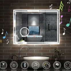 Miroir salle de bain Bluetooth 80x60cm tricolore avec loupe 3x, dimmable, mémoire et anti-buée, IP44 Miroir LED, AICA SANITAIRE
