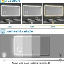 Miroir salle de bain Bluetooth 80x60cm tricolore avec loupe 3x, dimmable, mémoire et anti-buée, IP44 Miroir LED, AICA SANITAIRE