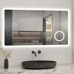 Miroir salle de bain bluetooth + loupe + horloge + tricolore + anti-buée 80x60cm dimmable,mémoire,tactile,led, AICA SANITAIRE