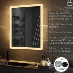 Miroir salle de bain BOLEO 80 x 120 cm LED lumineux 2100 lms anti-buée + réglage intensité & couleur - Saniverre