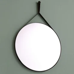 Miroir Salle De Bain Design Avec Cadre En Cuir Noir Diamètre 60 Cm