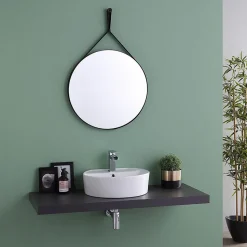 Miroir Salle De Bain Design Avec Cadre En Cuir Noir Diamètre 60 Cm