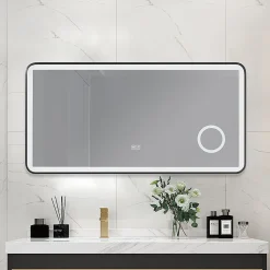 Miroir salle de bain LED 110x60cm anti buée avec cadre en aluminium noir et loupe x3 LB-4685B