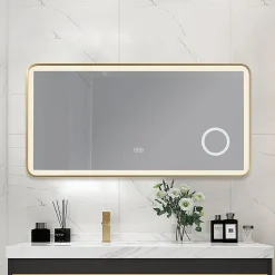 Miroir salle de bain LED 90x60cm anti buée avec cadre en aluminium doré et loupe x3 LB-4685G