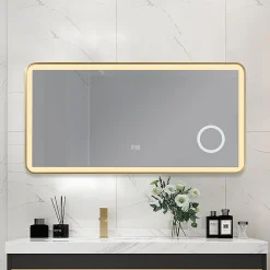 Miroir salle de bain LED 120x60cm anti buée avec cadre en aluminium doré et loupe x3 LB-4685G
