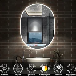 Miroir salle de bain LED 60x80cm tricolore + anti-buée + dimmable + mémoire, AICA SANITAIRE