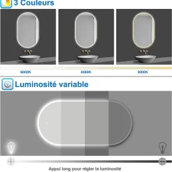 Miroir salle de bain LED 45x90cm tricolore + anti-buée + dimmable + mémoire, AICA SANITAIRE