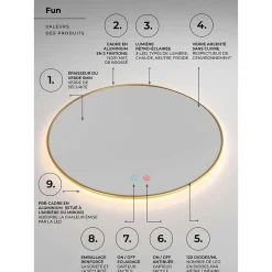 Miroir Salle de Bain LED Rétro-éclairé Réglable D60cm - Noir Mat - Commandes Tactiles & Anti-Buée - FUN LEDIMEX