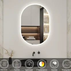 Miroir salle de bain LED 60x80cm tricolore + anti-buée + dimmable + mémoire, AICA SANITAIRE