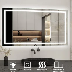 Miroir salle de bain led anti-buée, avec éclairage LED 100 x 80cm réversible, IP44 commande par effleurement, AICA SANITAIRE