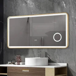 Miroir salle de bain LED 110x60cm anti buée avec cadre en aluminium doré et loupe x3 LB-4685G