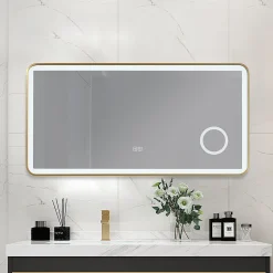 Miroir salle de bain LED 110x60cm anti buée avec cadre en aluminium doré et loupe x3 LB-4685G