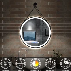 Miroir salle de bain rond LED 50cm tricolore + anti-buée + dimmable + mémoire,avec ceinture en cuir amovible,noir, AICA SANITAIRE