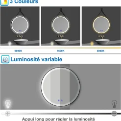 Miroir salle de bain rond LED 50cm tricolore + anti-buée + dimmable + mémoire,avec ceinture en cuir amovible,noir, AICA SANITAIRE