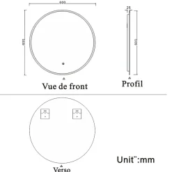 Miroir salle de bain rond LED 60cm, IP44, AICA SANITAIRE