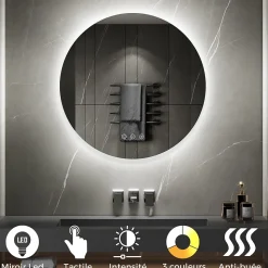 Miroir salle de bain VEKIO LED lumineux rond 80 cm diam. fonction anti-buée + intensité & couleur réglables - Saniverre